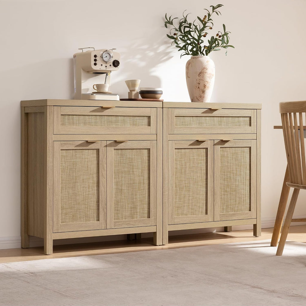 Sideboard Buffet Storage Cabinet Set of 3, Rattan Credenza Buffet | Boho Console Accent Cabinet with 6 Doors and 3