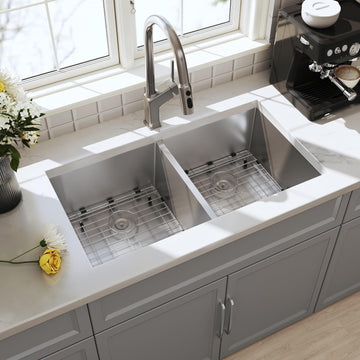 32 Inch Undermount Handmade 50/50 Double Bowl Kitchen Sink | 16 Gauge Thickness, 304 Stainless Steel, Brushed Satin