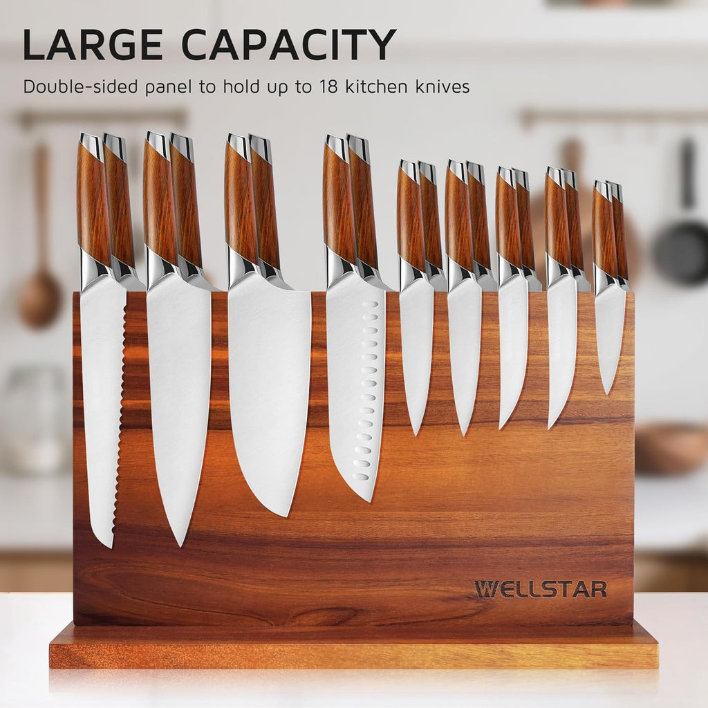 Extra Large Acacia Magnetic Knife Block 16x10 Inches, Dual-Sided Wood Stand | Strong Magnet Knife Holder, Luxurious