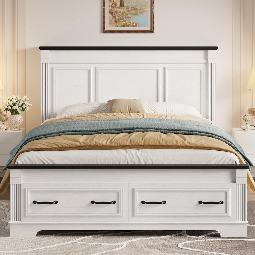 Farmhouse Bed Frame with Storage Drawers Headboard Footboard