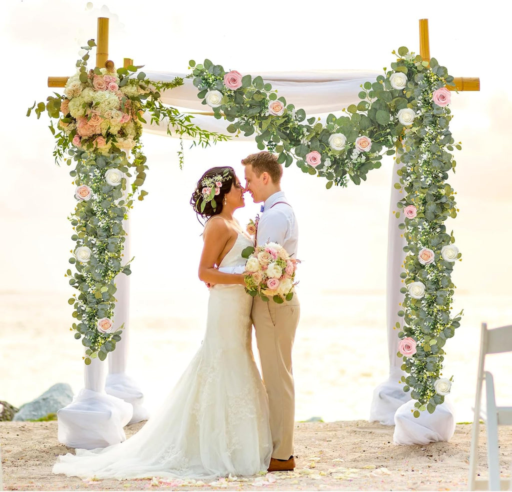 Artificial Eucalyptus Garland with Flowers, Faux Greenery Garland Decor 6FT Eucalyptus Vines, Fake Hanging - Set of 2