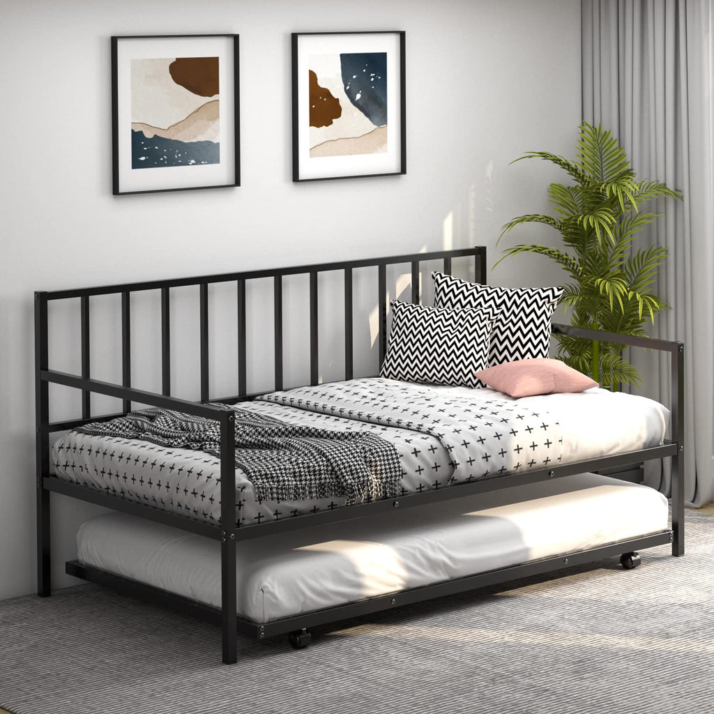 Twin Daybed with Trundle, Metal Bed Frame with Trundle, Daybed & Trundle Frame Set with Wheels & Metal Slat Support
