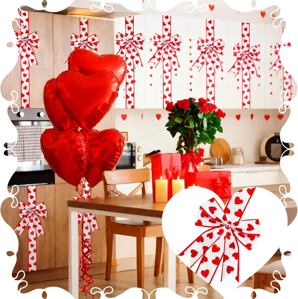 Valentine's Day Cabinet Ribbons Bows 78.8 Inch Large Red and White Heart Door Ribbon Cabinet Bows Gifts Holiday - Set of 8