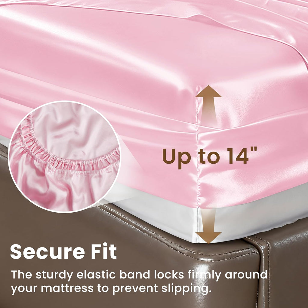 Satin Queen Sheets Set - 4 Piece Pink Silky Bed Sheets Set with Deep Pocket, Luxury Silk Feel Satin Queen Sheet Set