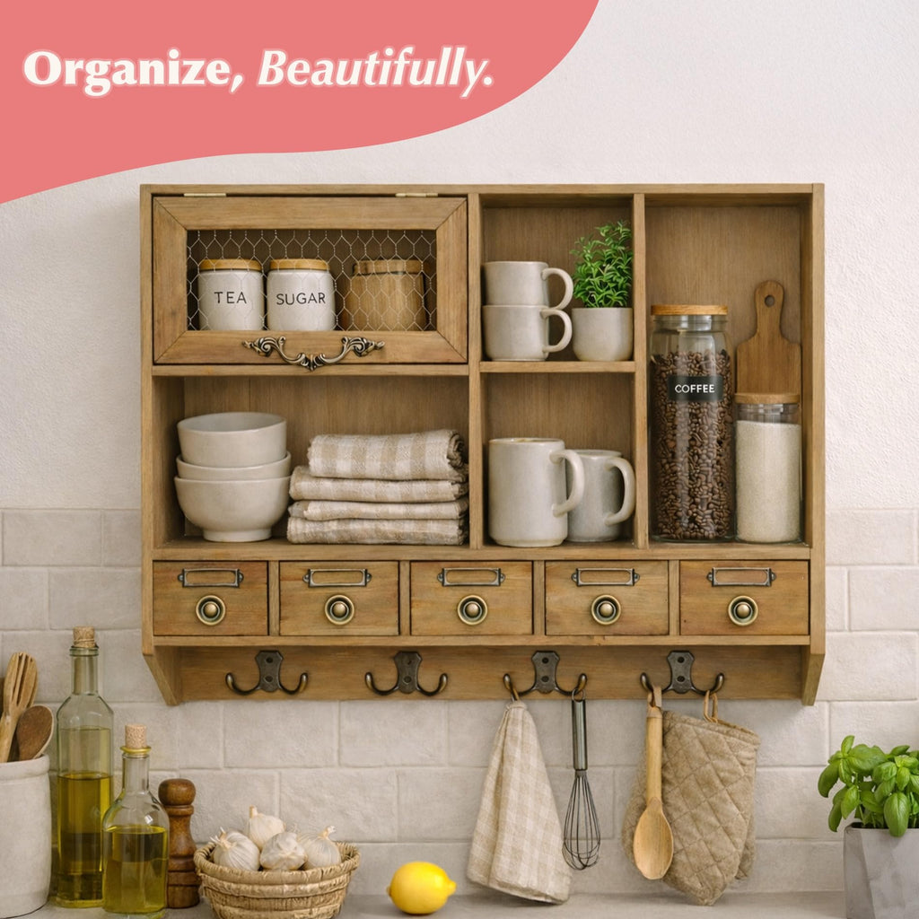 Farmhouse Medicine Cabinet Organizer - Rustic Chicken Wire Wall Shelf with Hooks | Apothecary Shelf & Bathroom Wall