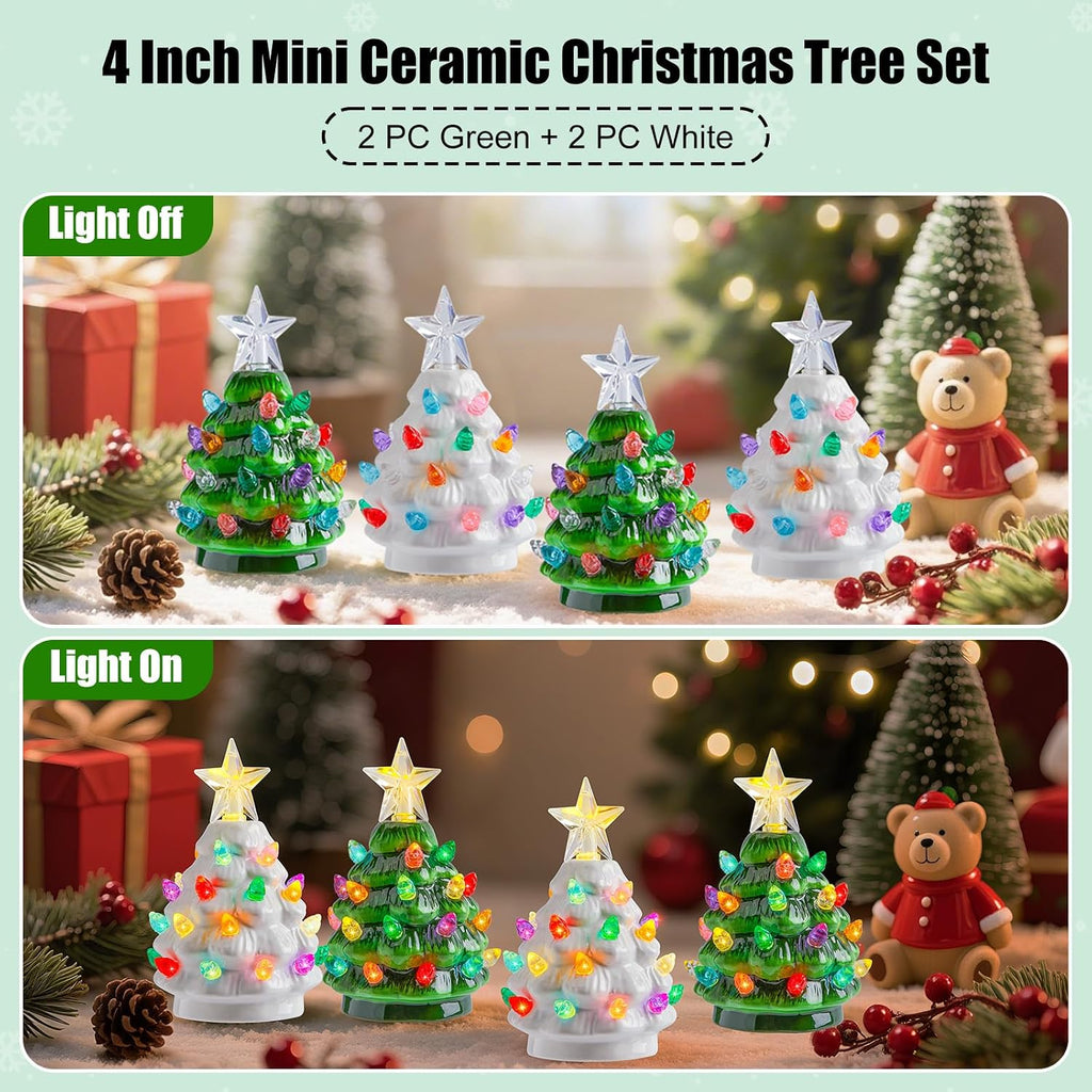 4.3 Inch Mini Ceramic Christmas Tree Set - 4 Pack Tabletop Christmas Tree with Multicolored LED Lights, Battery