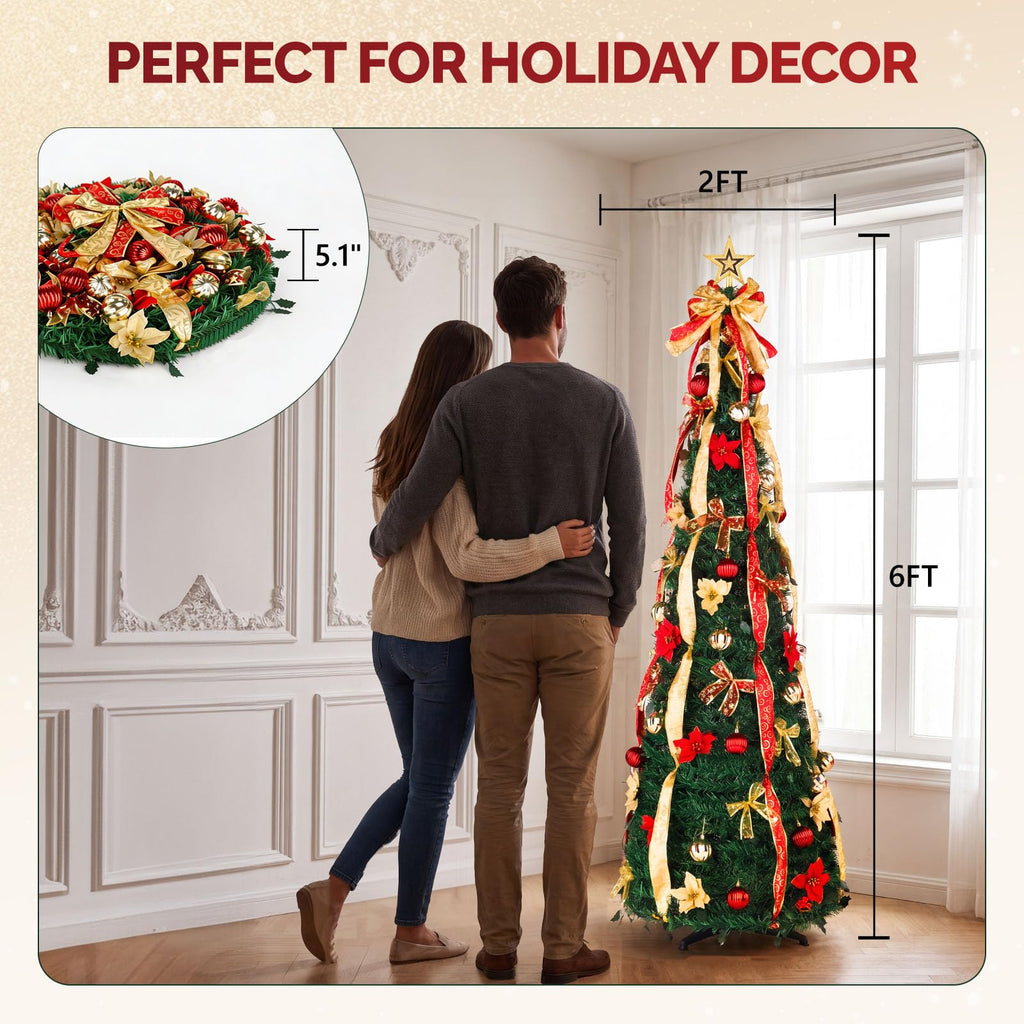 6ft Pre lit Pop Up with Lights, Pre-Decorated Artificial Pencil Xmas Tree Collapsible Holiday Party Decorations