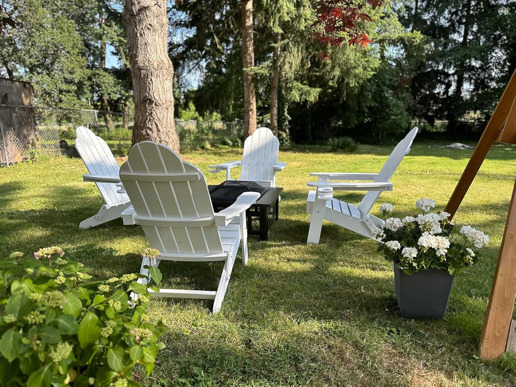 HDPE Folding Adirondack Chair, Cup Holder, Set of 2, White | HDPE poly lumber, folable, all-weather resistant, Low