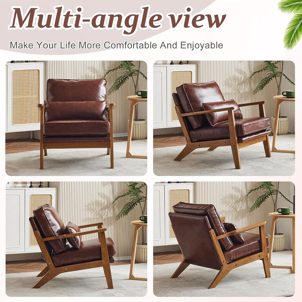 Solid Wood Wide Armrests Accent Chair,Upholstered Mid Century Modern Chair with Pillow,Comfy Reading Chair Farmhouse