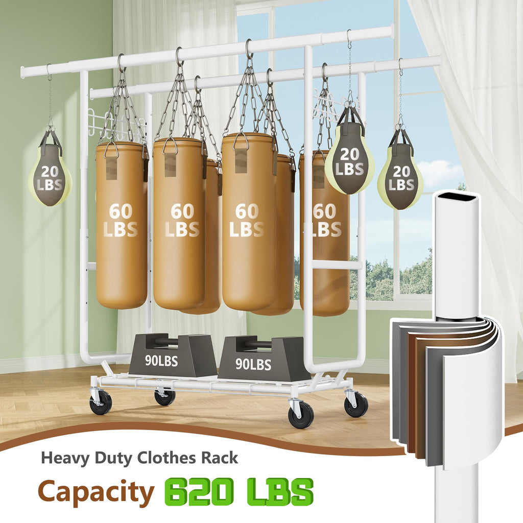 2-Minute Assembly Double Rod Clothes Rack, Heavy Duty Rolling Clothing Racks with Wheels, Foldable Commercial Garment