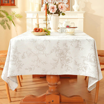 Premium Vintage Farmhouse Damask Floral 60 x 104 inch Rectangle Table Cloth - Water Resistant Linen 