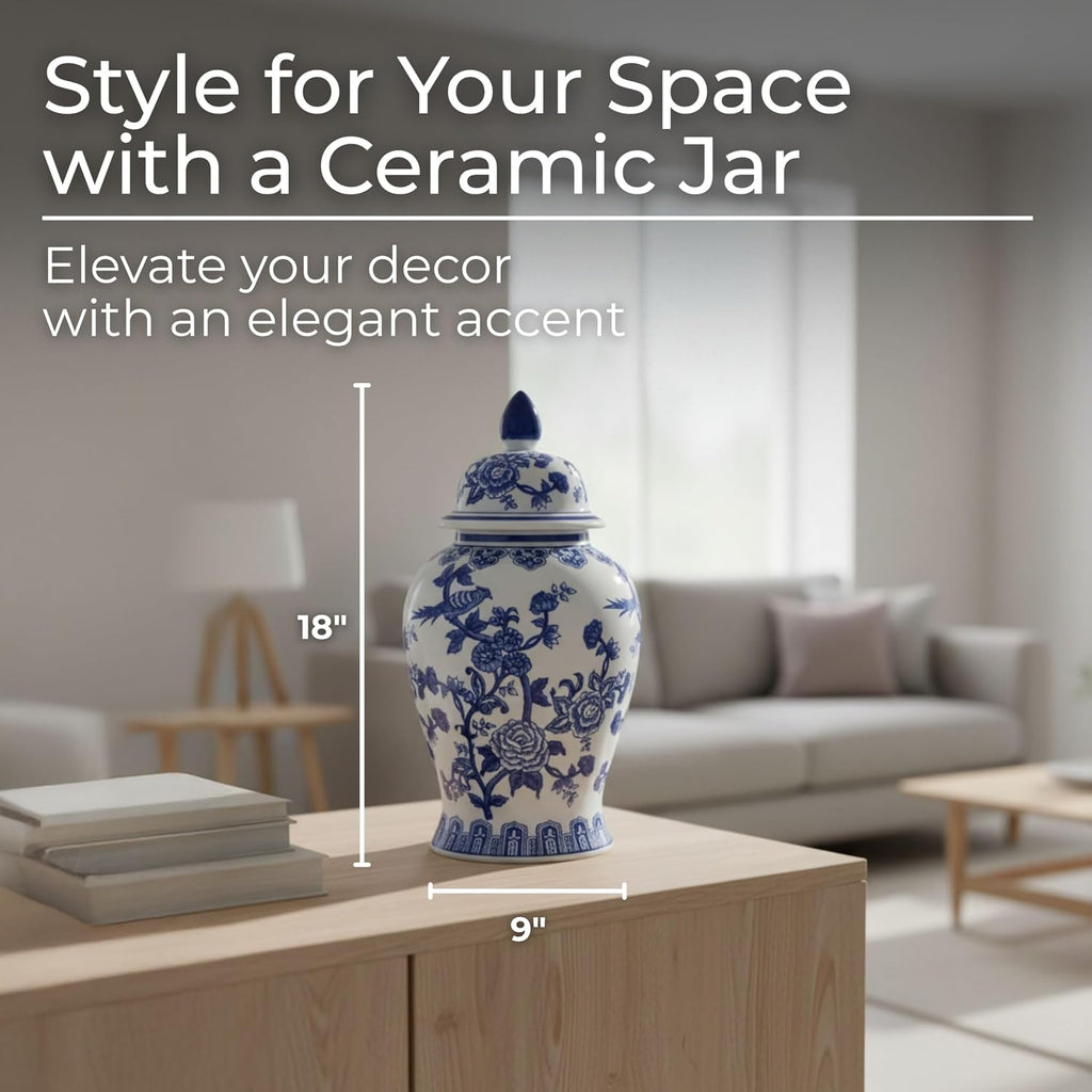Decorative Ginger Jar Decor - Ceramic Jar With Lid, Chinoiserie Pattern, Large Tabletop Accent or Entry Shelf