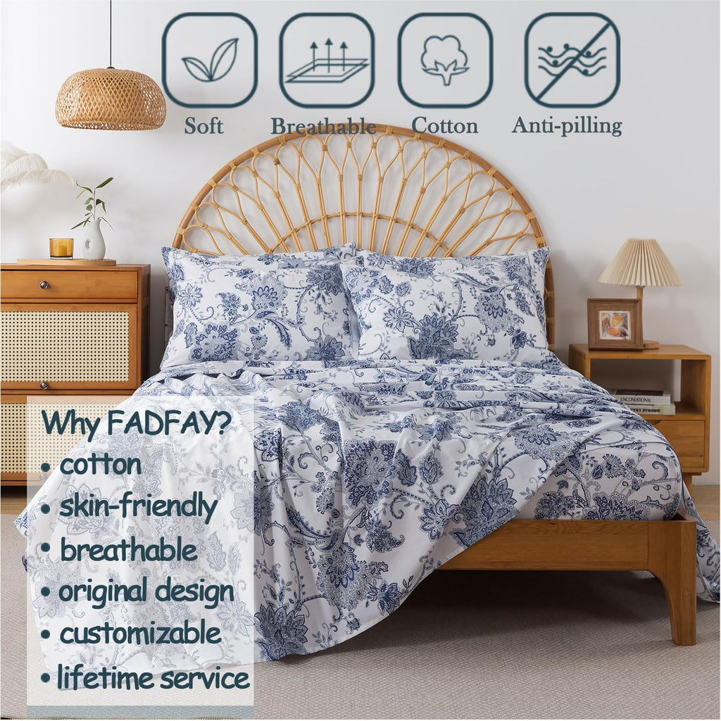 Cal King Sheets Set Percale Cotton Floral Bed Sheets Deep Pocket Fitted Sheet, Luxury Blue Floral Pattern Classic