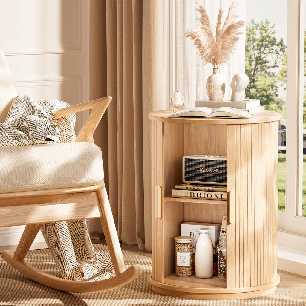 Side Table with Storage for Hoom, Round End Table with Sliding Tambour Door, Wood Night Stand Nightstand Bedside
