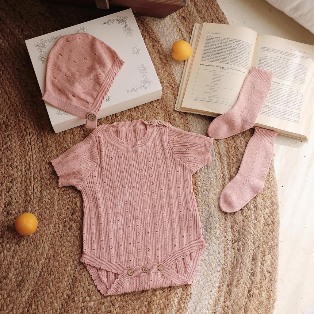 Cotton Baby Set with Knitted Short Sleeve Sweater, Hat, Socks