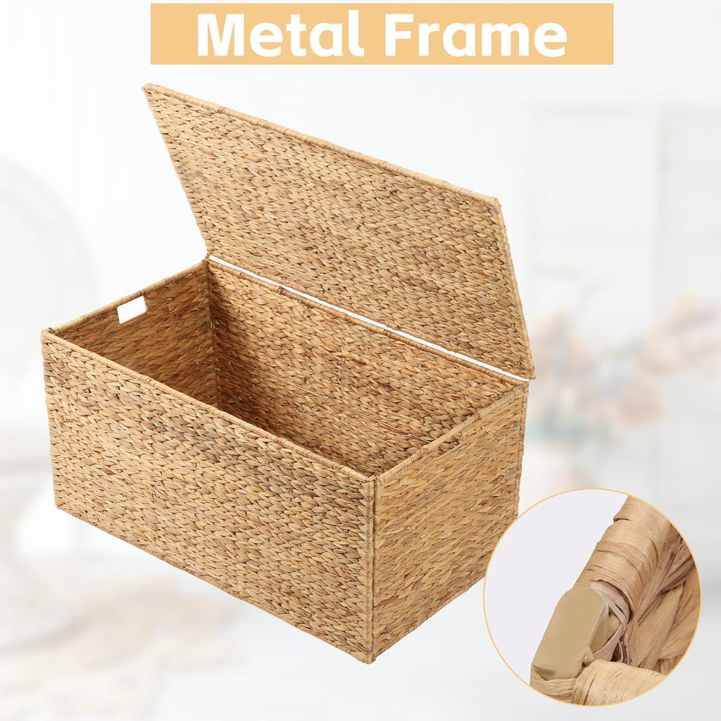 Water Hyacinth Wicker Storage Trunk with Metal Frame 36x20x18.5Inch Large Rattan Basket Decorative Blanket Chest