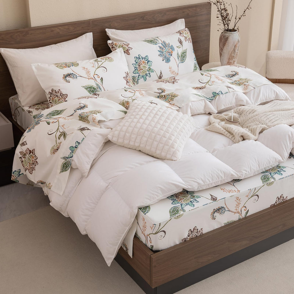 Boho Sheets Sets Percale Printed Sheets Queen Botanical Leaves Flower Pattern Printed Bed Queen Size
