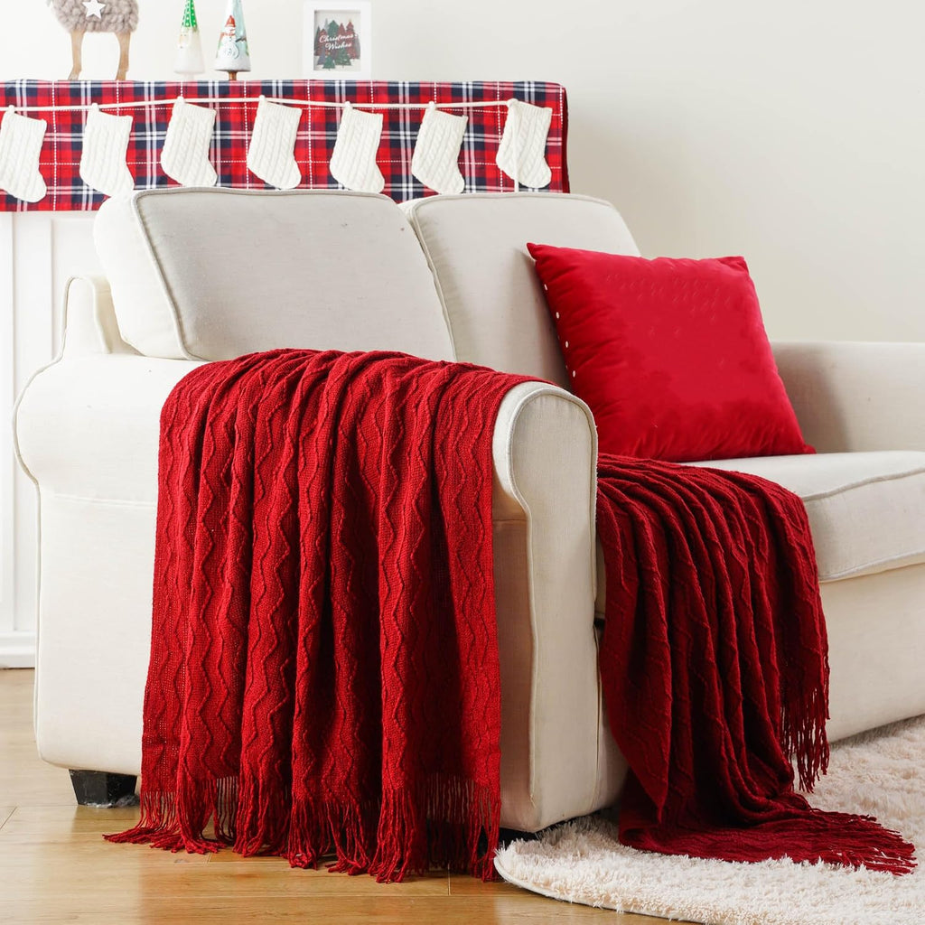 Christmas Red Throw Blanket for Couch, Textured Soft Burgundy Throw Blankets, Decorative Knitted Red Blanket for Sofa