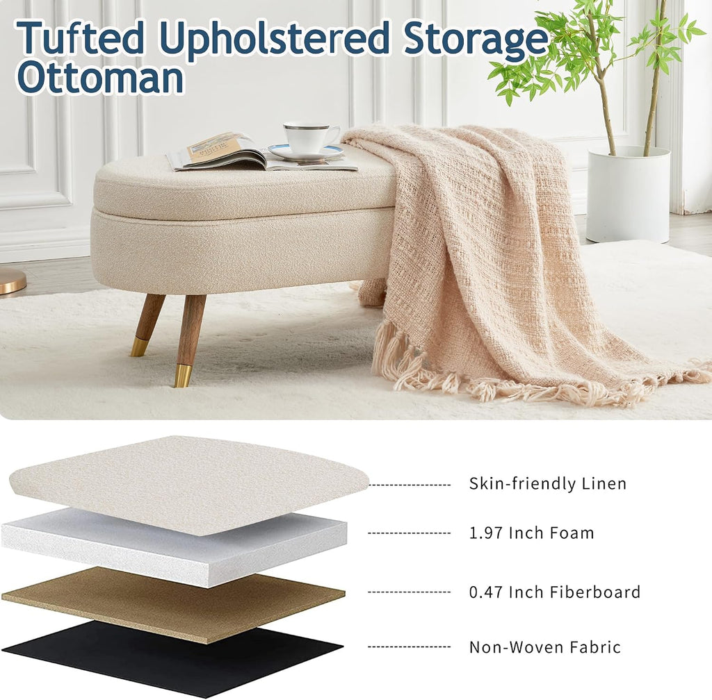 Oval Storage Bench 43.5" Ottoman Bench Upholstered Boucle Fabric Footrest Bench with Golden Metal Legs End of Bed