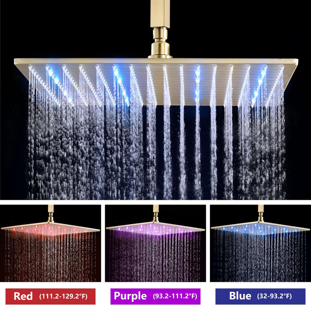 Ceiling Shower Faucet Set with Handheld 16" LED Head Brushed Gold