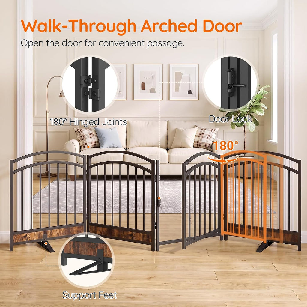 4-Panel Dog Gate Indoor with Door, 23.6'' Tall Freestanding Pet Gate