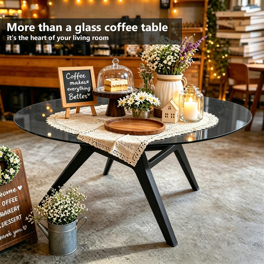 Round Glass Coffee Table, Soild Wood Base, 31.5" W, Black