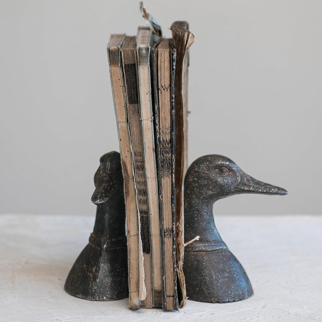 Decorative Distressed Cast Metal Duck Head Bookends, Black, Set of 2