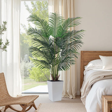Artificial Palm Tree with White Tall Planter, 6ft Tall Potted Artificial Silk Palm Tree Plant, Fake Tropical Plant