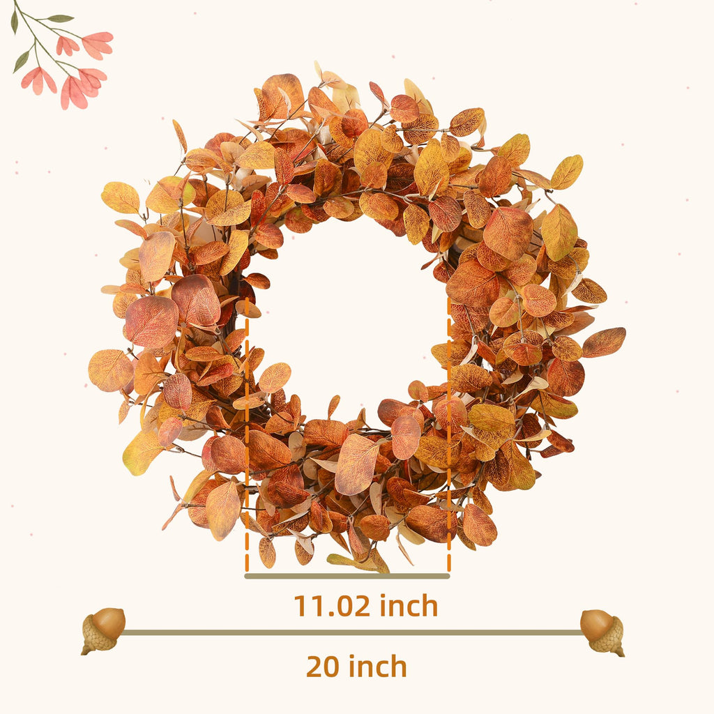 20" Fall Wreath for Front Door, Golden Eucalyptus Leaves
