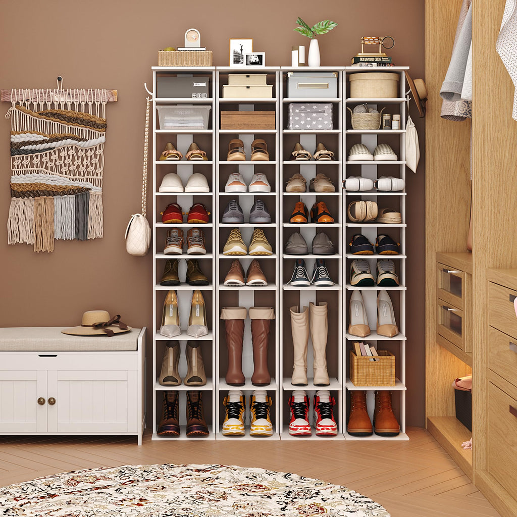 10-Tier Vertical Shoe Rack, Corner Shoe Tower, Slim Shoe Organizer with Two Hanging Hooks, Wooden Shoe Storage Stand