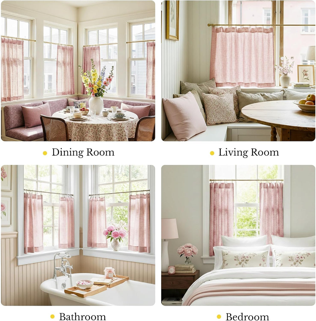 Pink Cafe Curtains for Girls Room, Rod Pocket & Back Tab Light Filtering Faux Linen Short Window Drapes Semi Sheer
