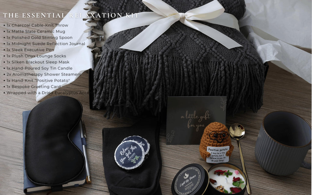 Thoughtful Comfort Care Package for Men & Women - Grey & Navy Gift Box with Knitted Blanket, Ceramic Mug & Positive