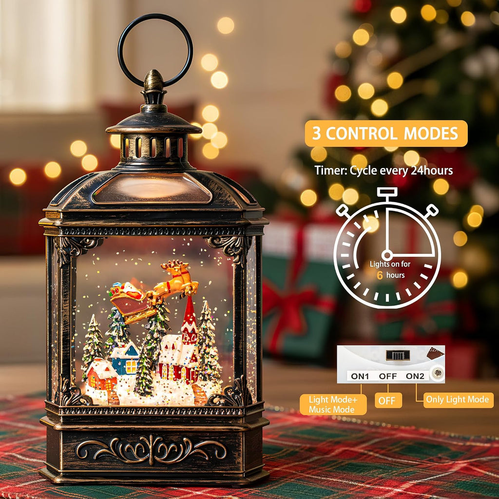 Christmas Snow Globe Lighted Church & Flying Santa Scene, Musical Snow Water Lantern Swirling Glittering Home