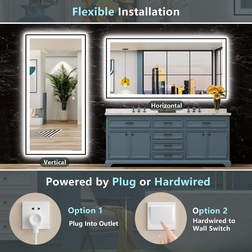 72x40 Black LED Bathroom Mirror, Backlit & Front Lit Lighted Mirror