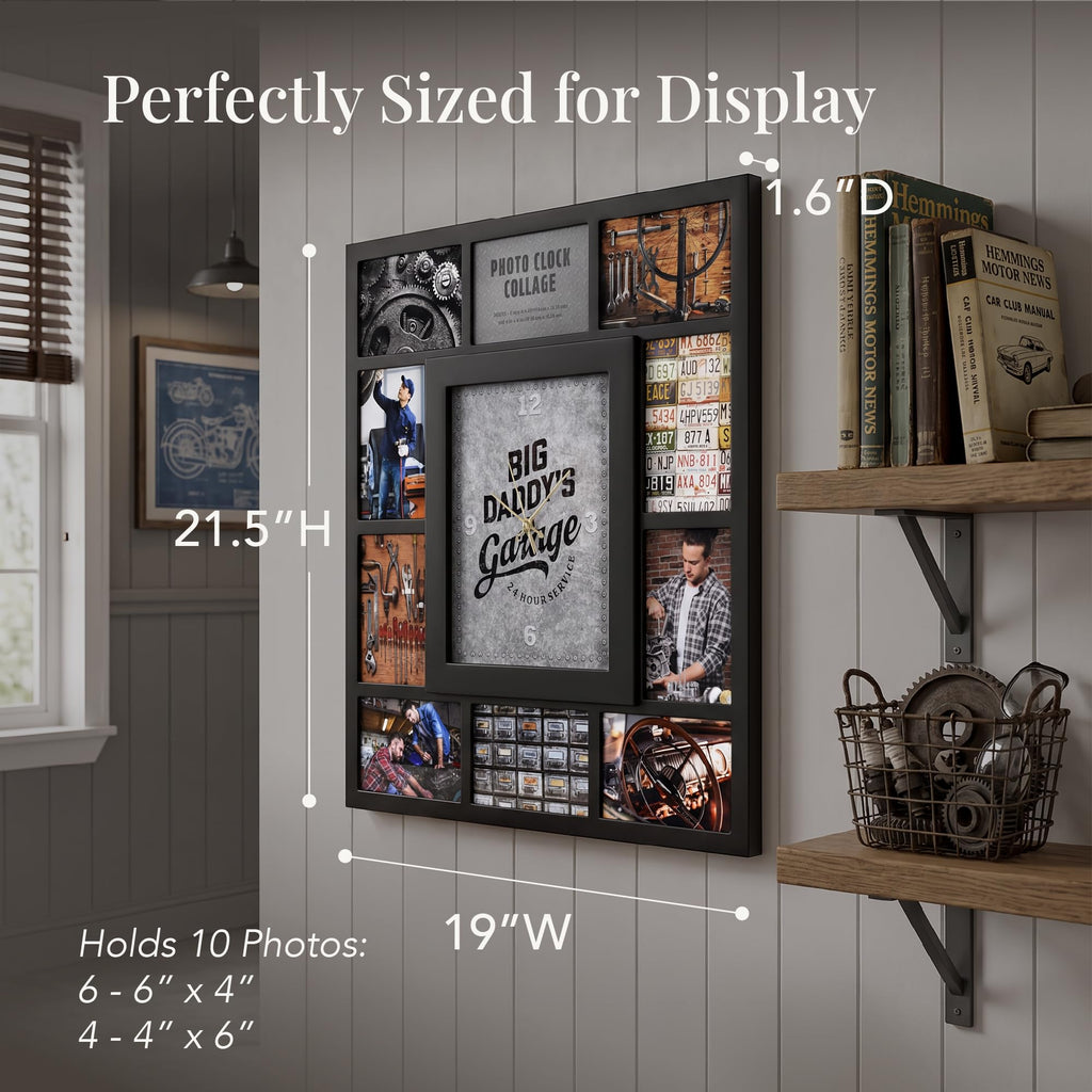 Picture Frame Collage Clock - 10 Photo Display Slots - Big Daddy's Garage Wall Mounted Modern Wall Decor - Wall Clock