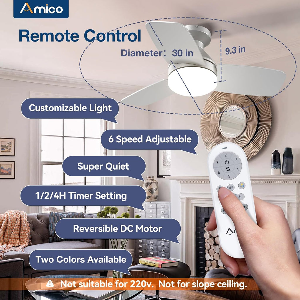Ceiling Fans with Lights, 30 Inch Low Profile Ceiling Fan with Light and Remote Control, Flush Mount, Reversible, 3CCT, Dimmable, Noiseless, Silver Ceiling Fan for Bedroom, Indoor/Outdoor Use A102-B0D87CP87Y