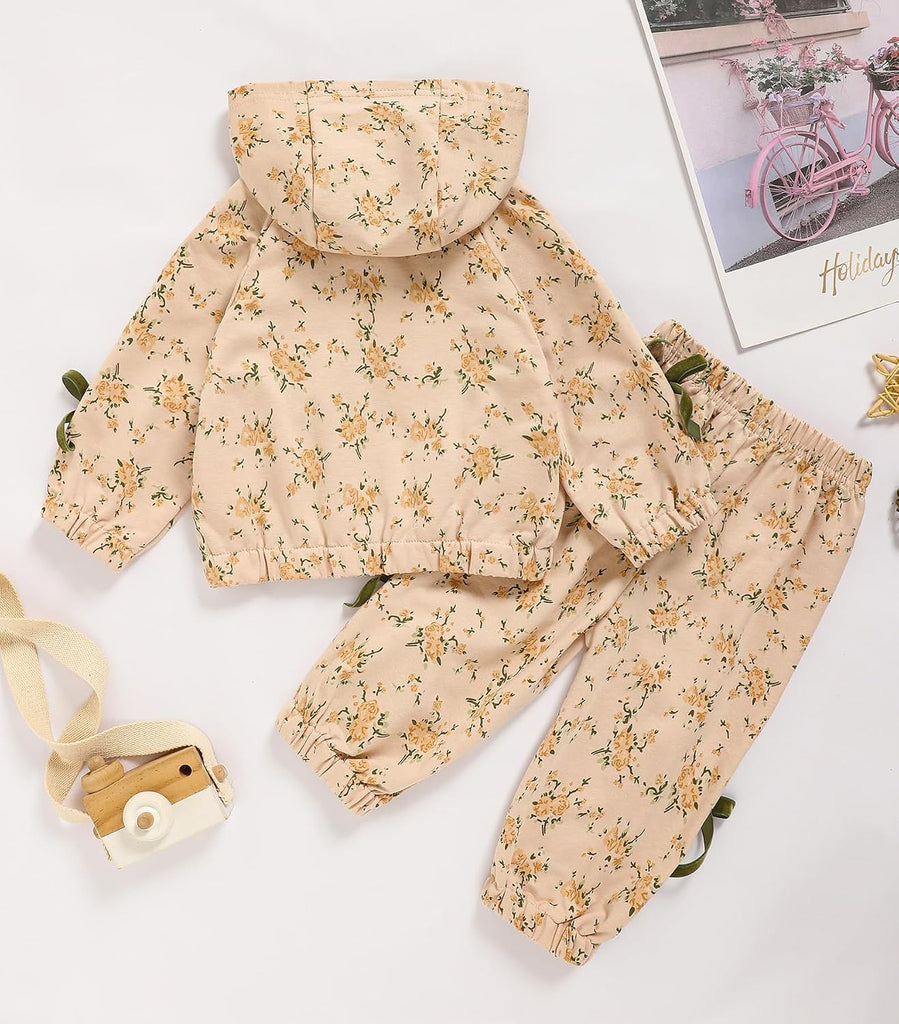 Baby Girl Floral Clothes Long Sleeve Infant Zipper Hooded Sweatshirt and Pants Set | Spring Fall Casual Outfits