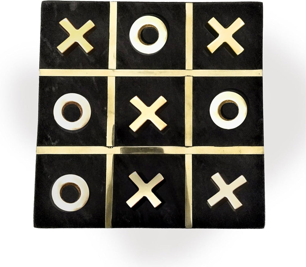 Leza Tic Tac Toe Game Set, Black Marble with Gold Inlay, 12 Inch