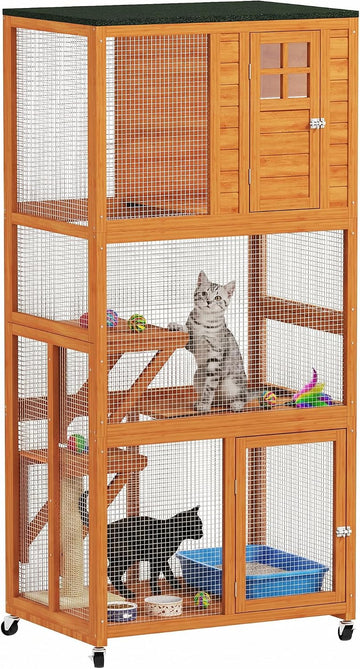 74" Wooden Catio Outdoor Cat Enclosure Weatherproof & Wheeled, Outside Cat House with High Weight Capacity, Kitten