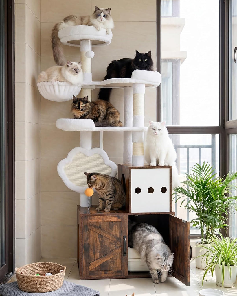 Cat Tree with Litter Box Enclosure, Modern 64" Hidden Tower