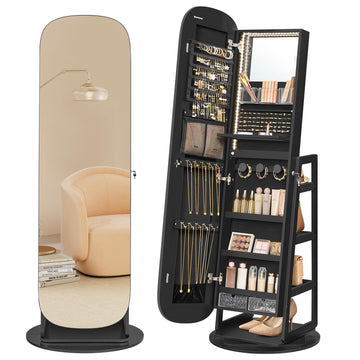 LED Jewelry Cabinet, 360° Swivel, Lockable, Full-Length Mirror