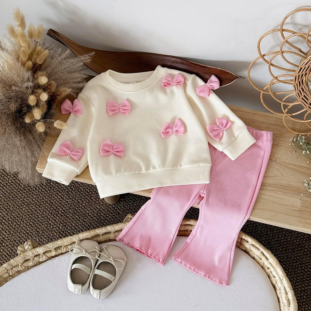 Fall Baby Girl Clothes Long Sleeve Sweatshirt Top with Bow & Pink Pants Set Toddler Bell-Bottoms Outfits ( - )