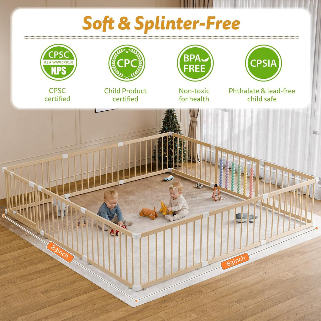 Wooden Baby Playpen, 12 Panels Fence for Babies and Toddlers 83"×83" | Size Adjustable Baby Play Yard with Locking