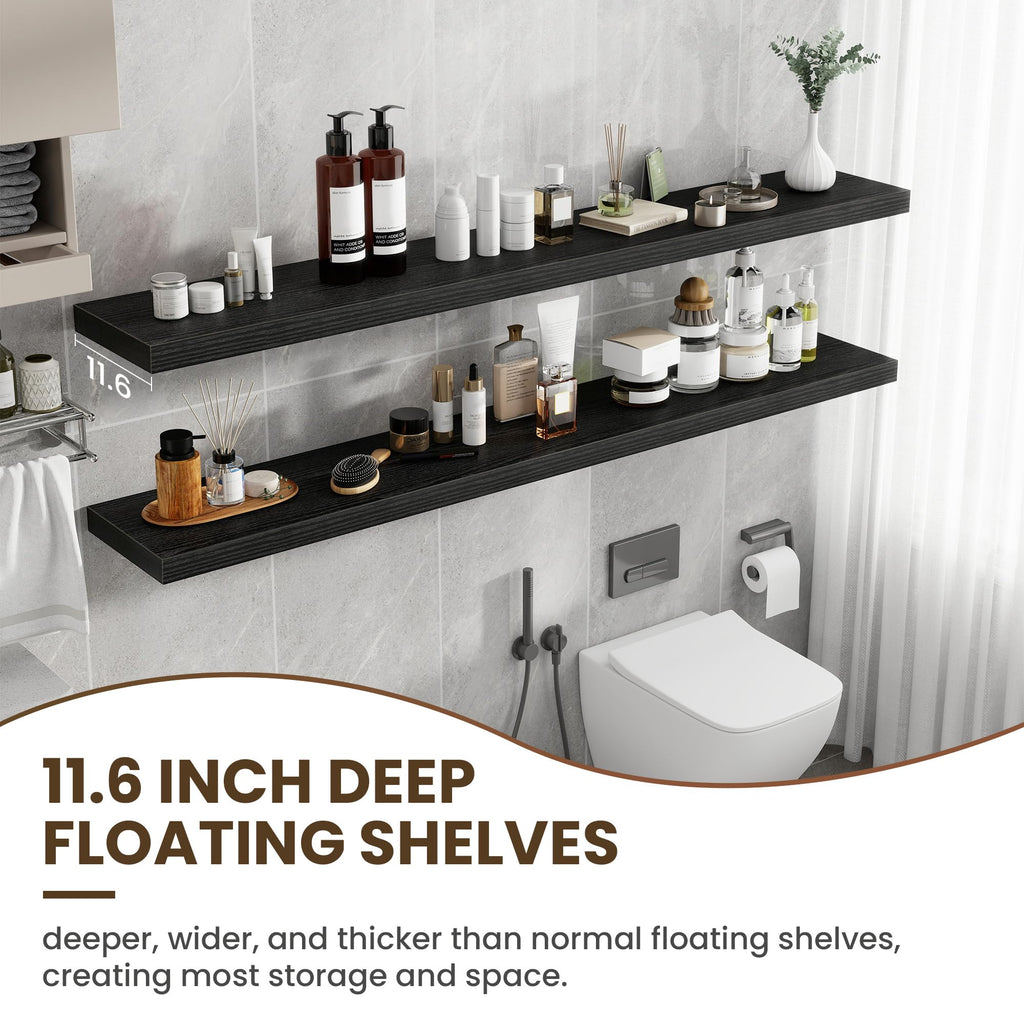 72 inch Floating Shelves for Wall, 12 Inch Deep Floating Shelf, Hanging Shelf with Invisible Brackets, Rustic Wooden