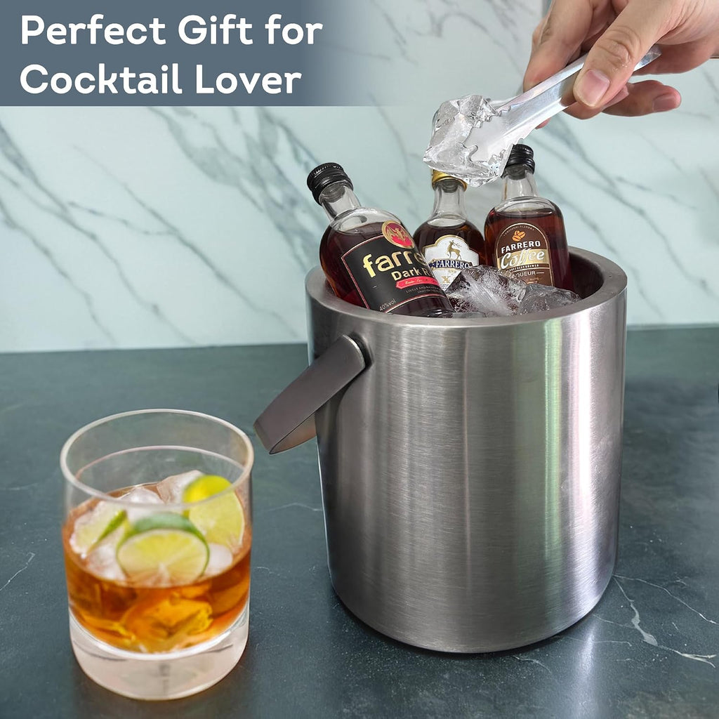 Double Wall Insulated Small Ice Bucket with Bamboo Lid - Stainless Steel Ice Holder with Tongs and Strainer