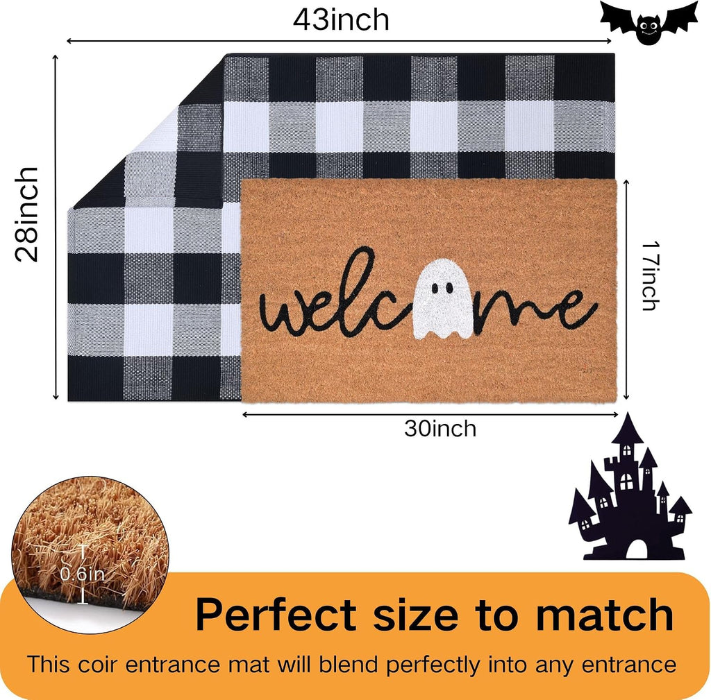 Halloween Door Mat Combo Set, Welcome Ghost Coco Coir Welcome Doormat + 28" x 43" Black and White Plaid Rug, Autumn