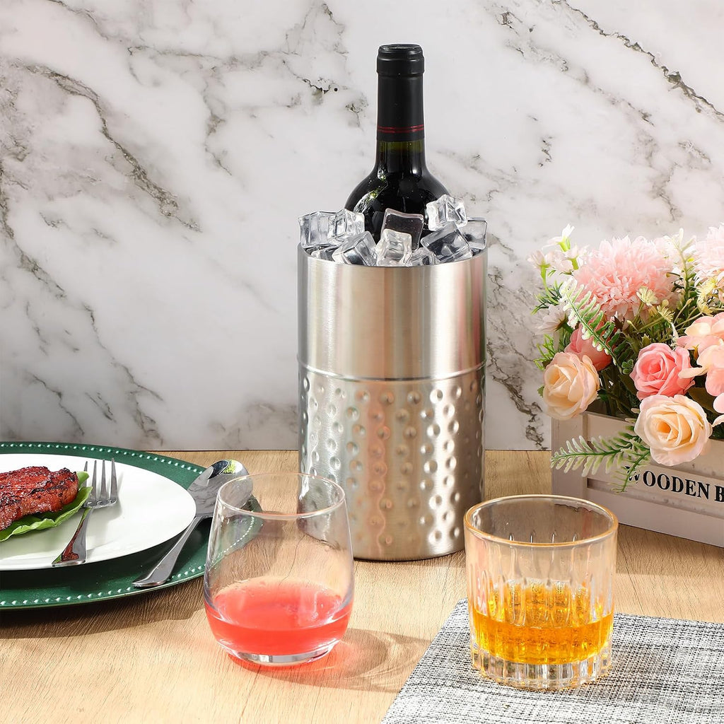 Wine Chiller Bucket Stainless Steel Double Wall Insulated Wine Cooler Bucket to Keep Cold, Hammer Pattern - Set of 12