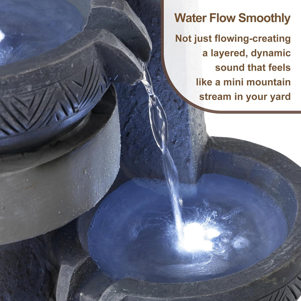28" Outdoor Water Fountain with Led Lights, 4-Tiered Owl & Calla Lil Water Fountain, Outdoor Garden Waterfall Decor