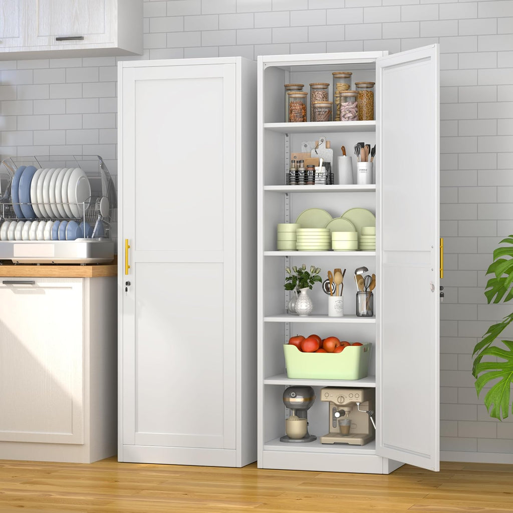 Lockable Tall Pantry Cabinet, Adjustable Shelves, Narrow Storage Cabinet | 1 Lock for Full Cabinet Security, 5