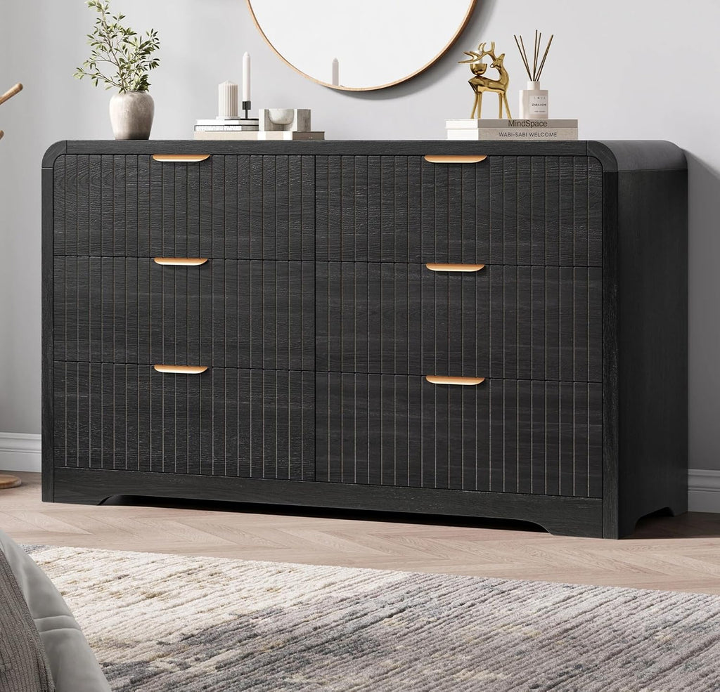 Modern 6 Drawer Dresser , 47" Wide Wood Dressers & Chests of Drawers Curved Profile Design, Mid Century Modern Fluted